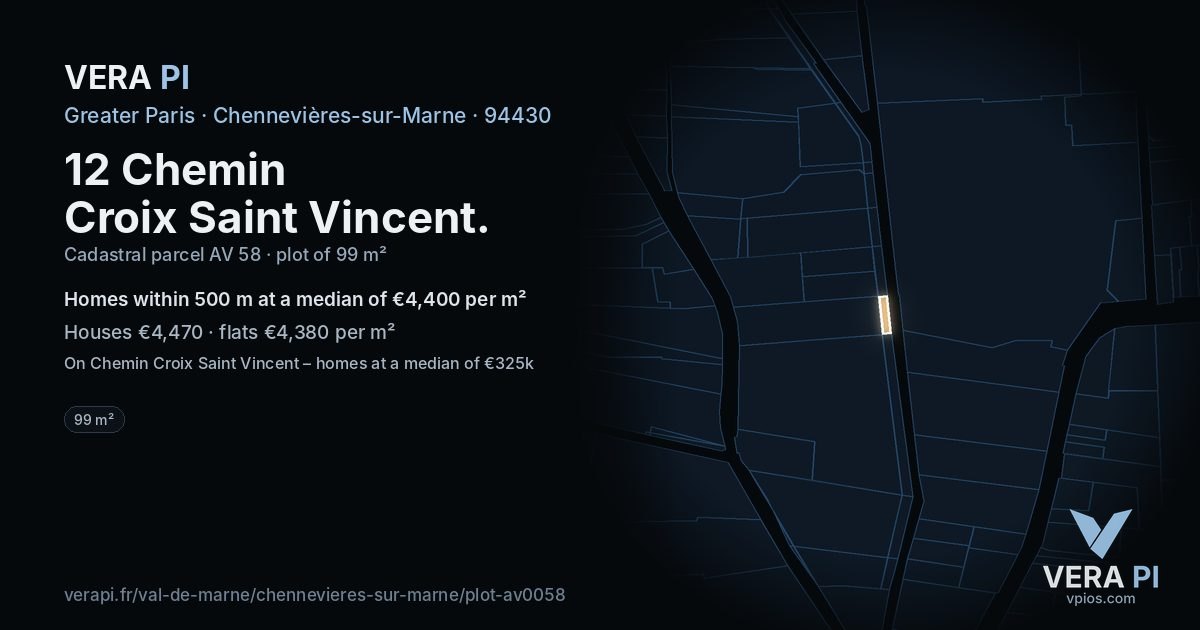 12 Chemin Croix Saint Vincent, Chennevières-sur-Marne at night – the plot lit, the parcels around coloured by the prices near them
