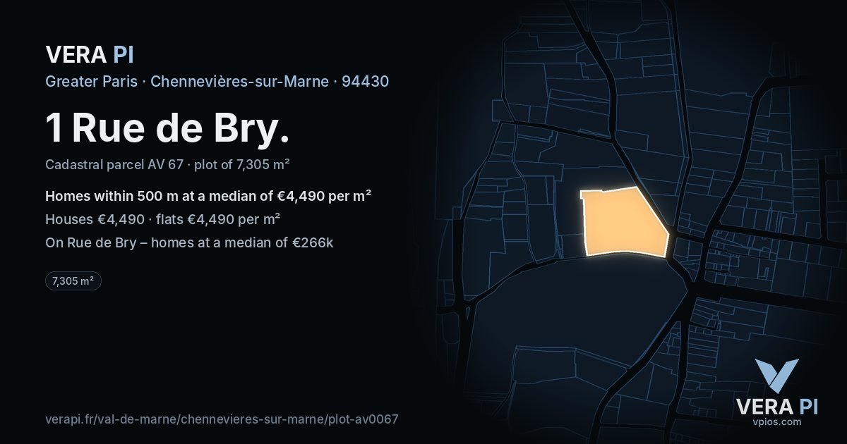 1 Rue de Bry, Chennevières-sur-Marne at night – the plot lit, the parcels around coloured by the prices near them