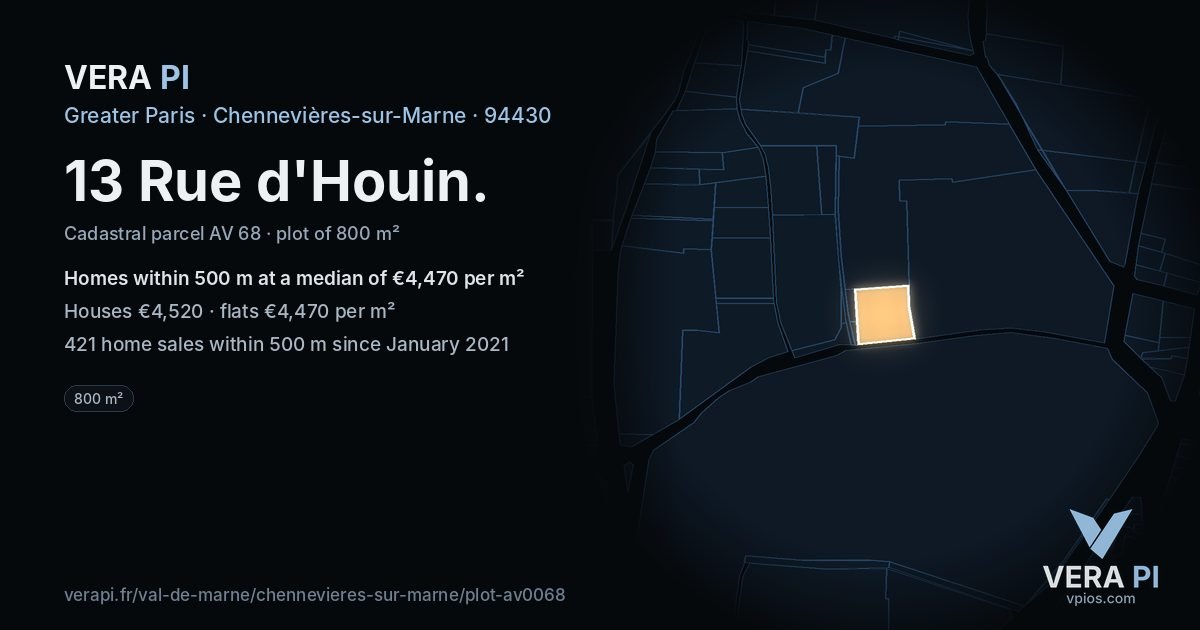 13 Rue d'Houin, Chennevières-sur-Marne at night – the plot lit, the parcels around coloured by the prices near them