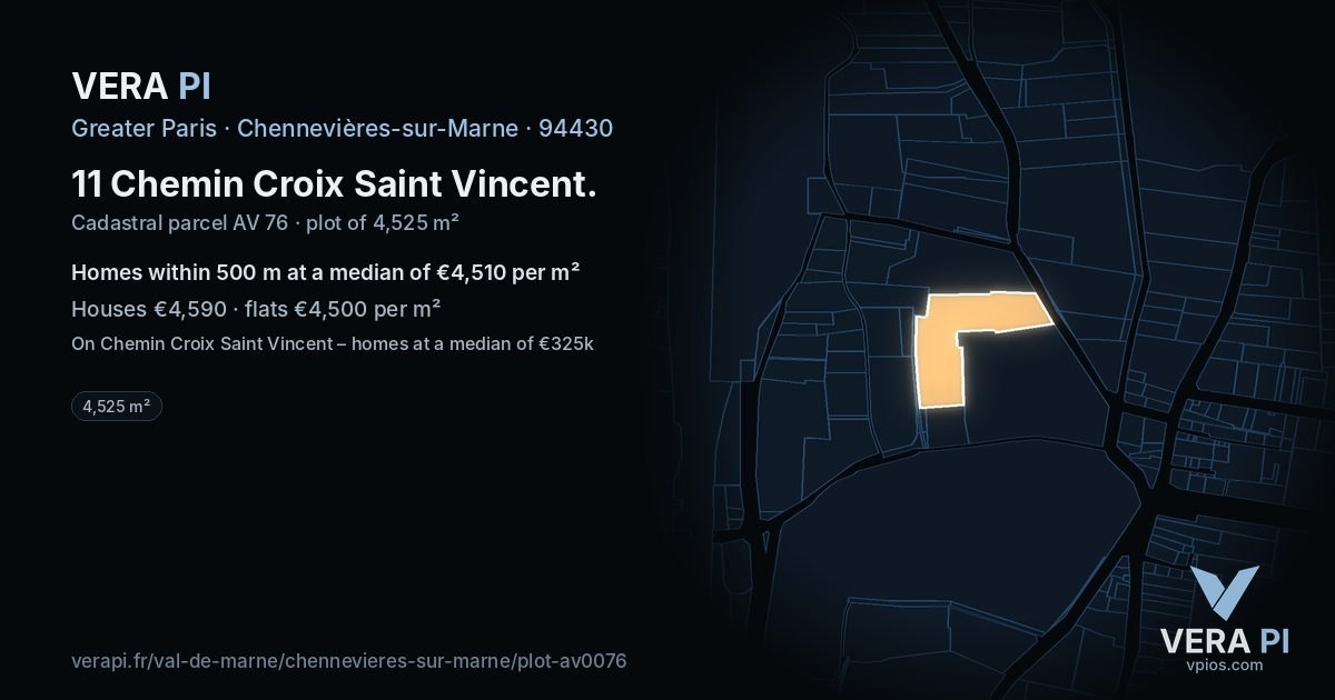 11 Chemin Croix Saint Vincent, Chennevières-sur-Marne at night – the plot lit, the parcels around coloured by the prices near them