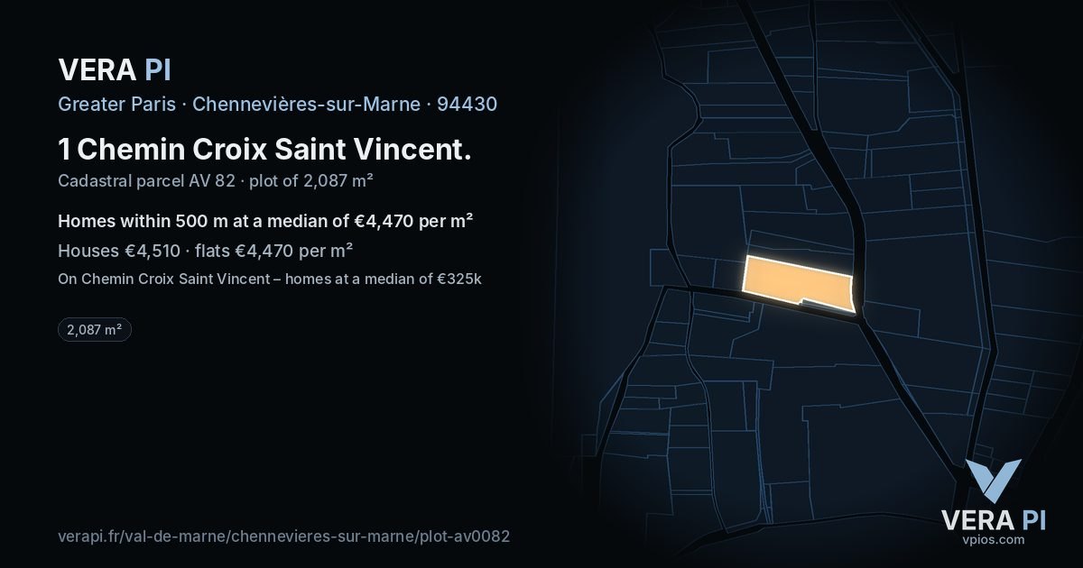 1 Chemin Croix Saint Vincent, Chennevières-sur-Marne at night – the plot lit, the parcels around coloured by the prices near them