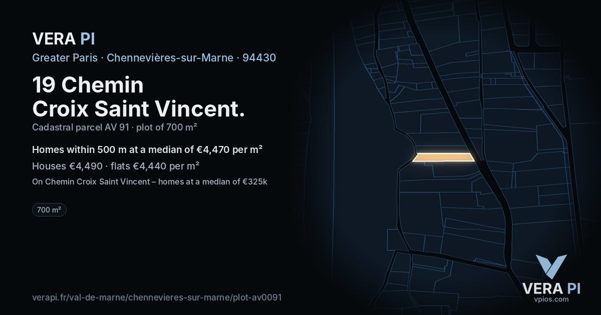 19 Chemin Croix Saint Vincent, Chennevières-sur-Marne at night – the plot lit, the parcels around coloured by the prices near them