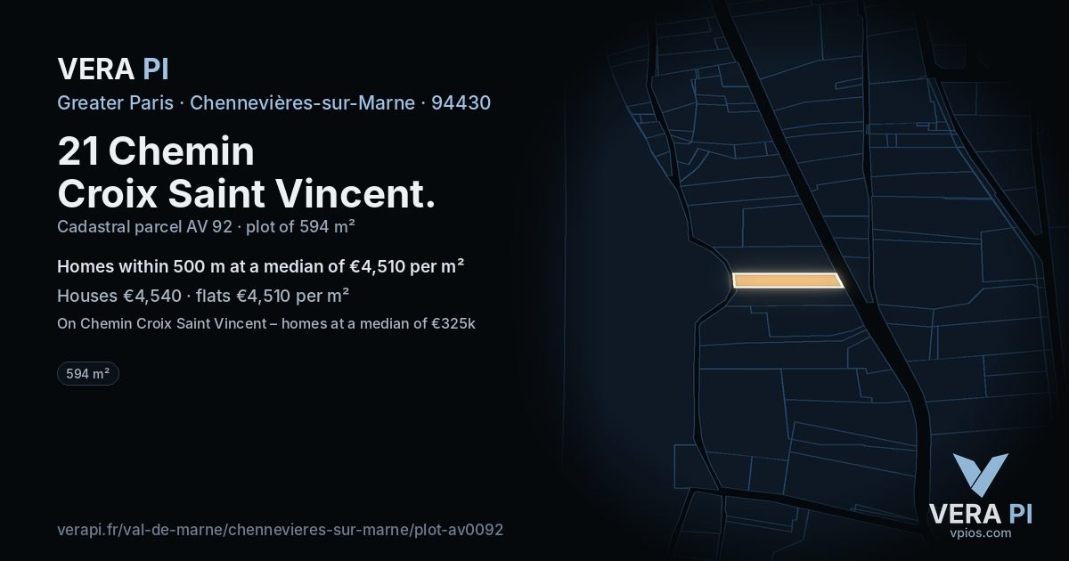 21 Chemin Croix Saint Vincent, Chennevières-sur-Marne at night – the plot lit, the parcels around coloured by the prices near them