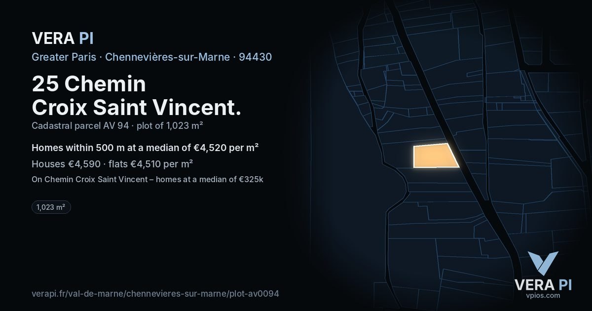 25 Chemin Croix Saint Vincent, Chennevières-sur-Marne at night – the plot lit, the parcels around coloured by the prices near them