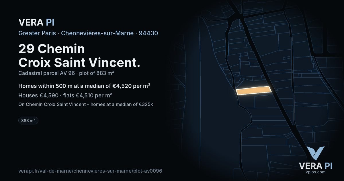29 Chemin Croix Saint Vincent, Chennevières-sur-Marne at night – the plot lit, the parcels around coloured by the prices near them