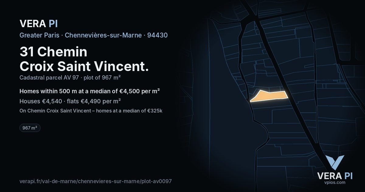 31 Chemin Croix Saint Vincent, Chennevières-sur-Marne at night – the plot lit, the parcels around coloured by the prices near them