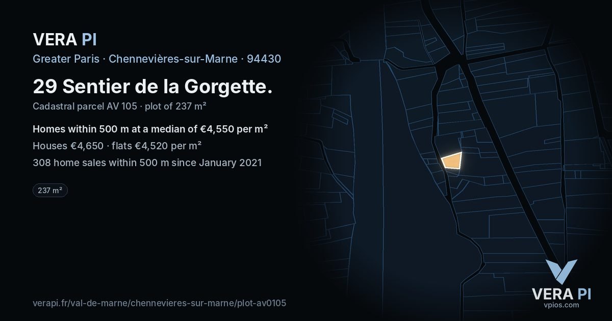 29 Sentier de la Gorgette, Chennevières-sur-Marne at night – the plot lit, the parcels around coloured by the prices near them