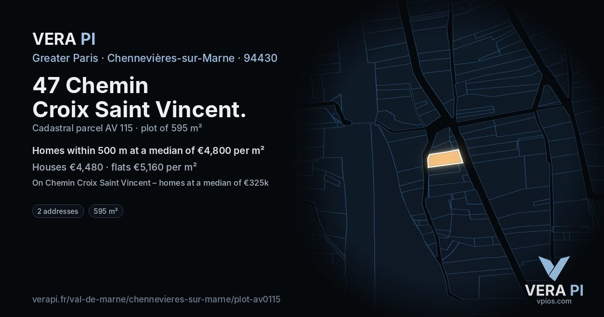 47 Chemin Croix Saint Vincent, Chennevières-sur-Marne at night – the plot lit, the parcels around coloured by the prices near them