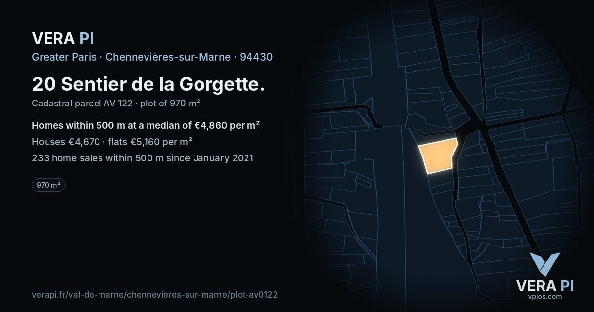 20 Sentier de la Gorgette, Chennevières-sur-Marne at night – the plot lit, the parcels around coloured by the prices near them