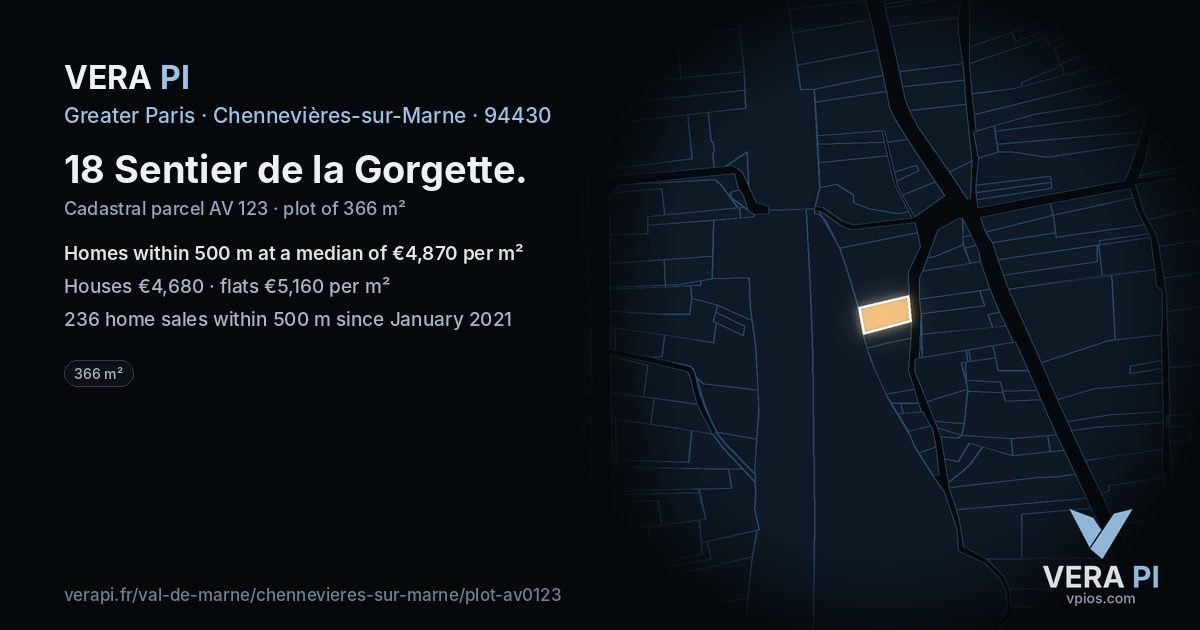 18 Sentier de la Gorgette, Chennevières-sur-Marne at night – the plot lit, the parcels around coloured by the prices near them
