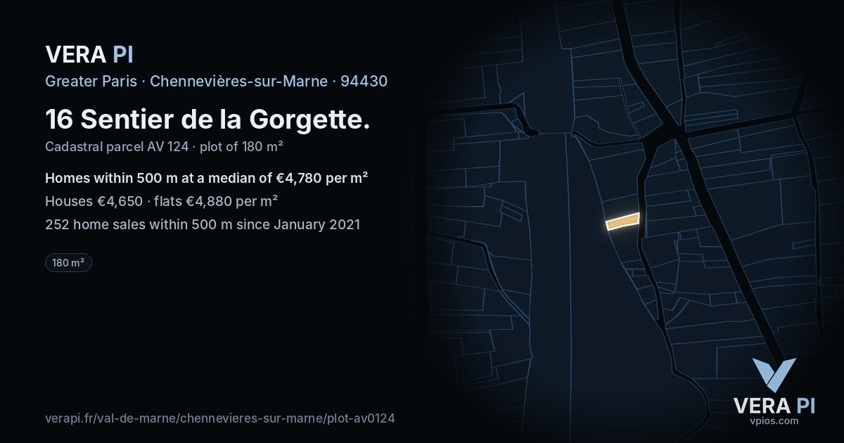 16 Sentier de la Gorgette, Chennevières-sur-Marne at night – the plot lit, the parcels around coloured by the prices near them