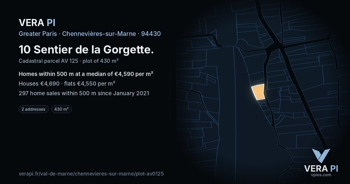 10 Sentier de la Gorgette, Chennevières-sur-Marne at night – the plot lit, the parcels around coloured by the prices near them