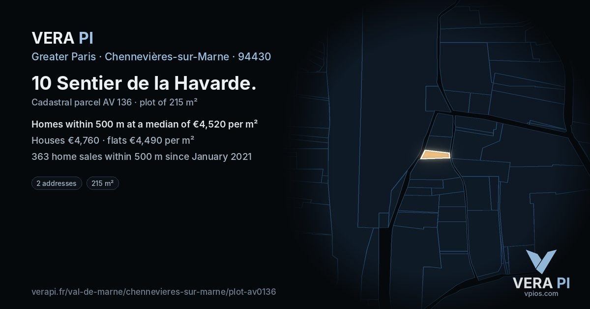 10 Sentier de la Havarde, Chennevières-sur-Marne at night – the plot lit, the parcels around coloured by the prices near them