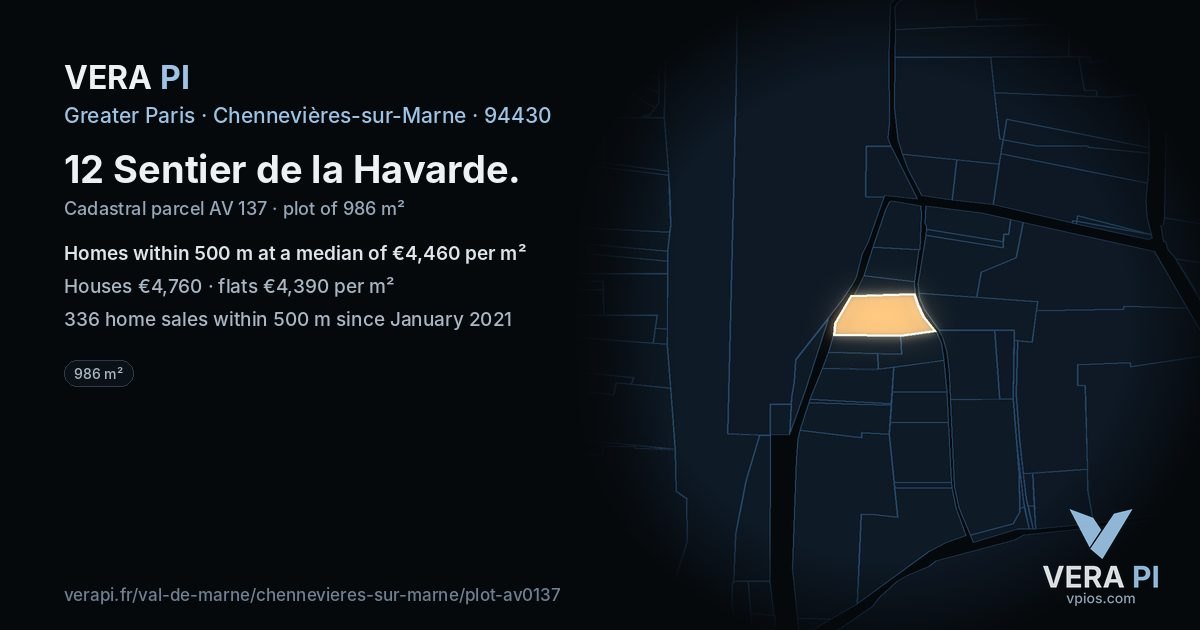 12 Sentier de la Havarde, Chennevières-sur-Marne at night – the plot lit, the parcels around coloured by the prices near them