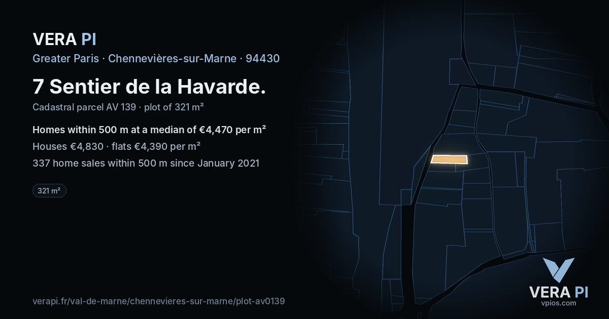 7 Sentier de la Havarde, Chennevières-sur-Marne at night – the plot lit, the parcels around coloured by the prices near them