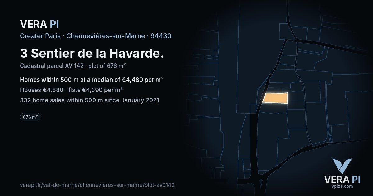 3 Sentier de la Havarde, Chennevières-sur-Marne at night – the plot lit, the parcels around coloured by the prices near them