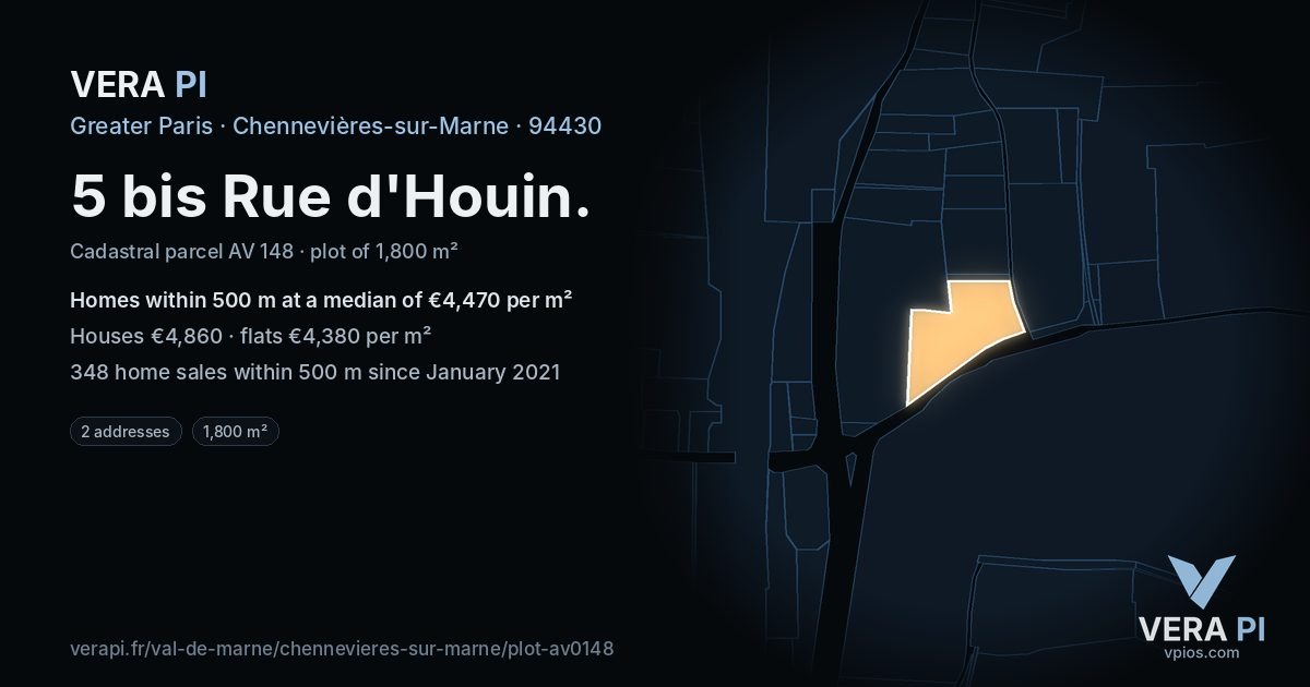 5 bis Rue d'Houin, Chennevières-sur-Marne at night – the plot lit, the parcels around coloured by the prices near them