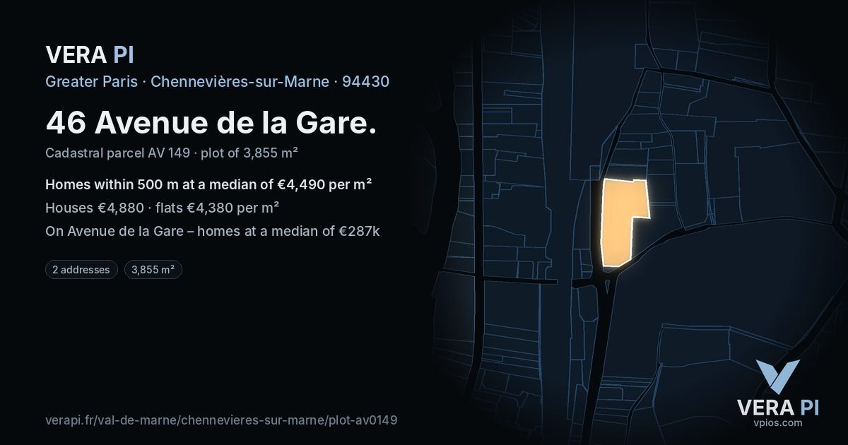 46 Avenue de la Gare, Chennevières-sur-Marne at night – the plot lit, the parcels around coloured by the prices near them