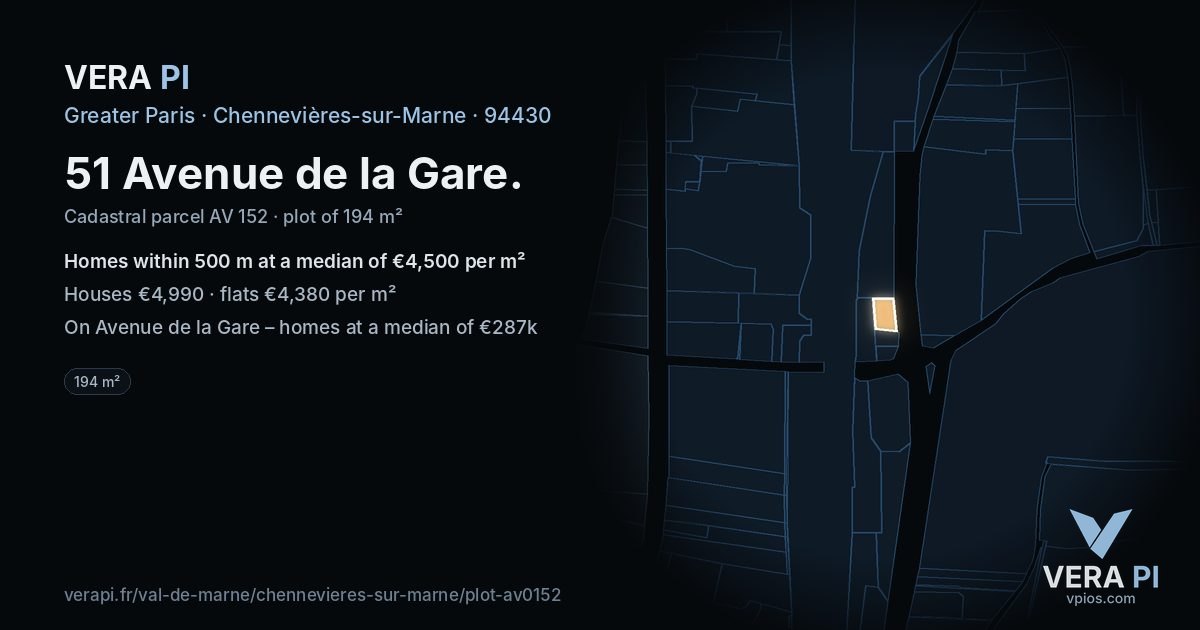 51 Avenue de la Gare, Chennevières-sur-Marne at night – the plot lit, the parcels around coloured by the prices near them