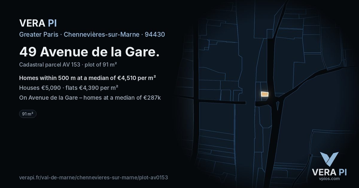 49 Avenue de la Gare, Chennevières-sur-Marne at night – the plot lit, the parcels around coloured by the prices near them