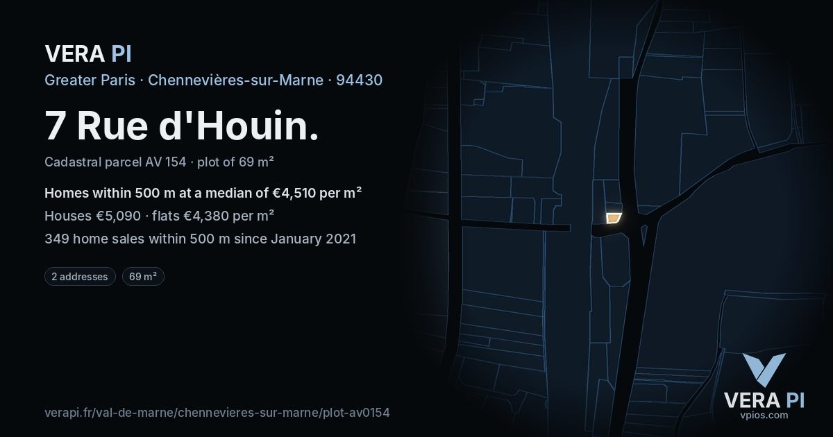 7 Rue d'Houin, Chennevières-sur-Marne at night – the plot lit, the parcels around coloured by the prices near them