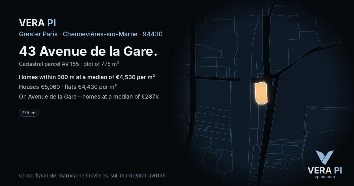 43 Avenue de la Gare, Chennevières-sur-Marne at night – the plot lit, the parcels around coloured by the prices near them