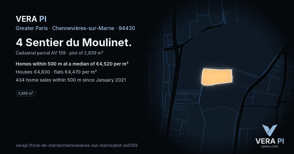 4 Sentier du Moulinet, Chennevières-sur-Marne at night – the plot lit, the parcels around coloured by the prices near them