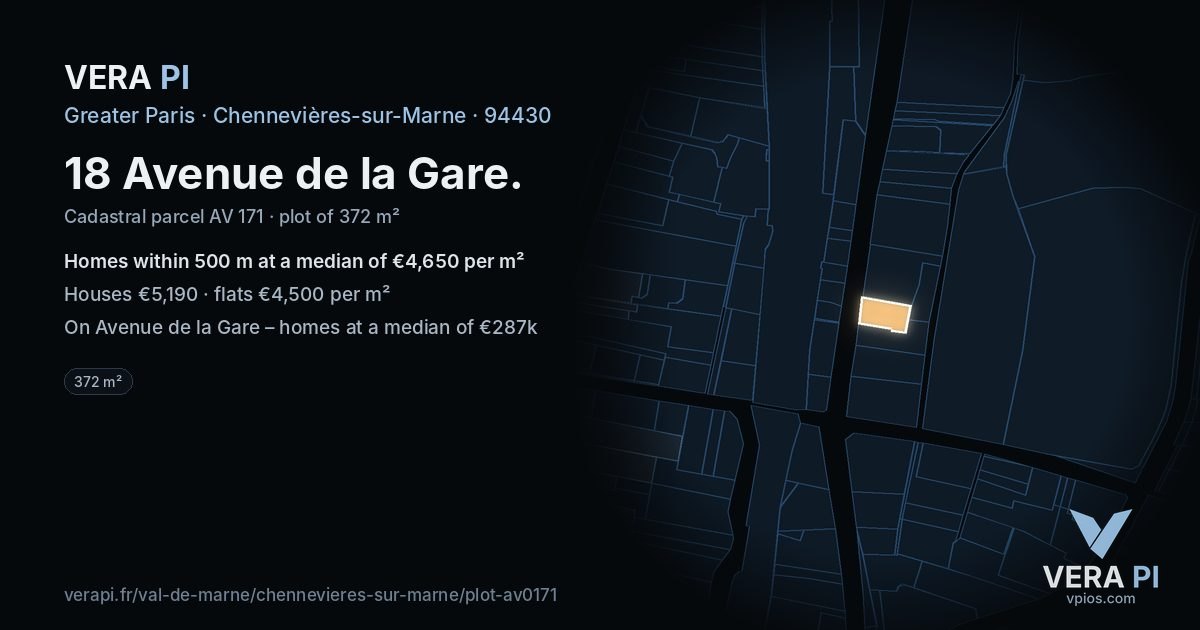 18 Avenue de la Gare, Chennevières-sur-Marne at night – the plot lit, the parcels around coloured by the prices near them