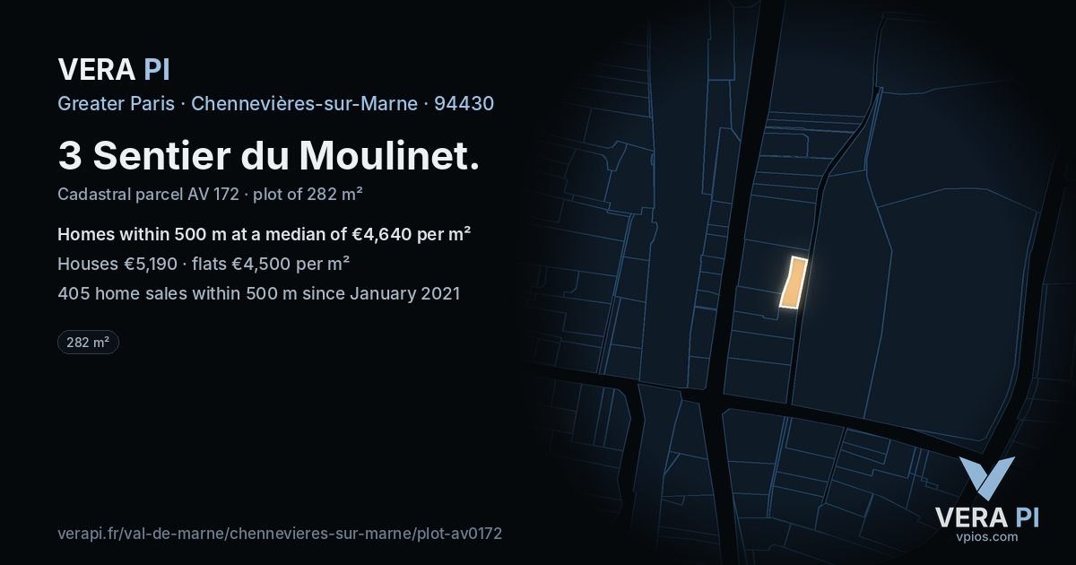 3 Sentier du Moulinet, Chennevières-sur-Marne at night – the plot lit, the parcels around coloured by the prices near them