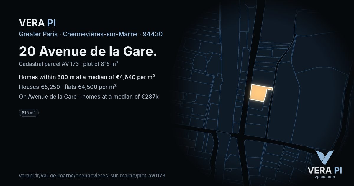 20 Avenue de la Gare, Chennevières-sur-Marne at night – the plot lit, the parcels around coloured by the prices near them
