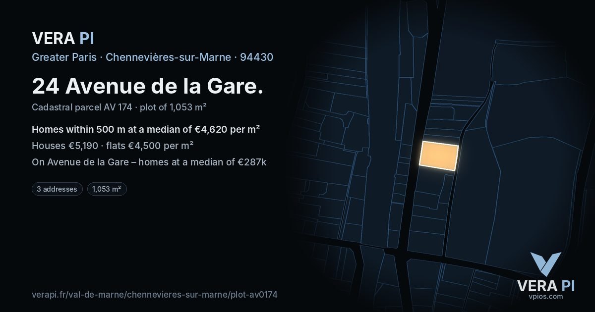 24 Avenue de la Gare, Chennevières-sur-Marne at night – the plot lit, the parcels around coloured by the prices near them