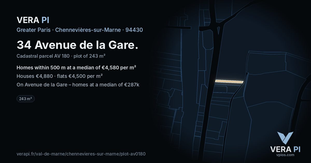 34 Avenue de la Gare, Chennevières-sur-Marne at night – the plot lit, the parcels around coloured by the prices near them