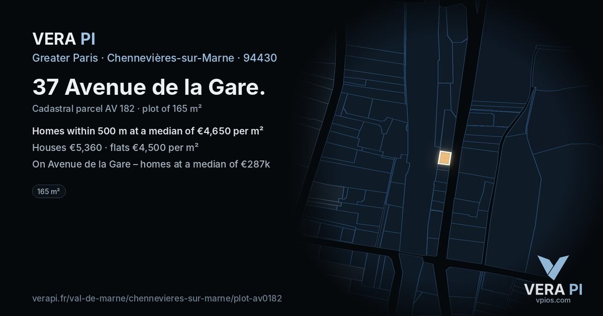 37 Avenue de la Gare, Chennevières-sur-Marne at night – the plot lit, the parcels around coloured by the prices near them