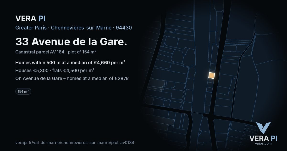 33 Avenue de la Gare, Chennevières-sur-Marne at night – the plot lit, the parcels around coloured by the prices near them