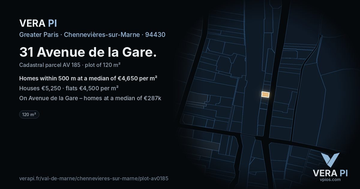 31 Avenue de la Gare, Chennevières-sur-Marne at night – the plot lit, the parcels around coloured by the prices near them