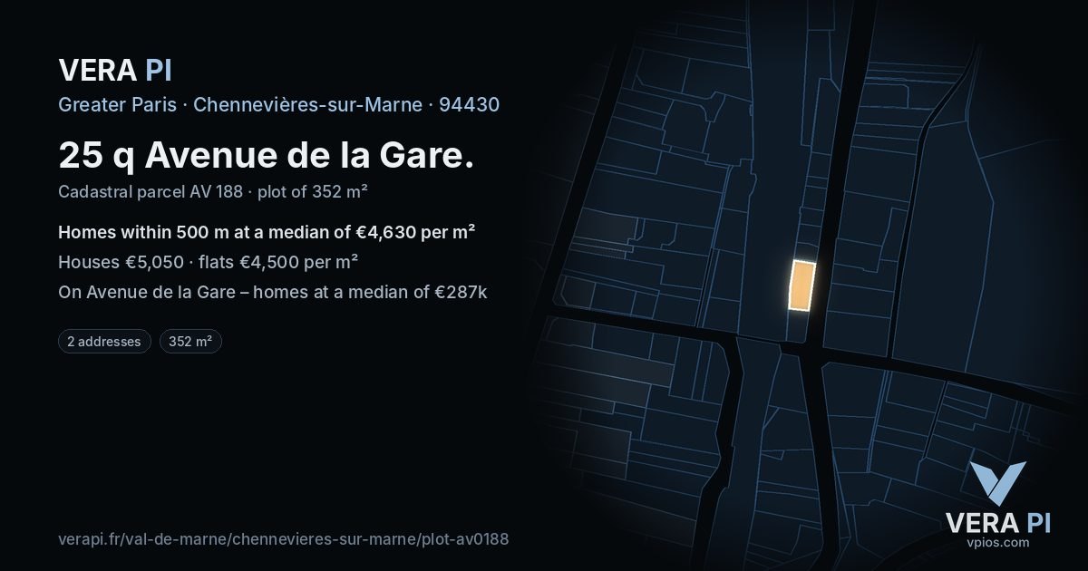 25 q Avenue de la Gare, Chennevières-sur-Marne at night – the plot lit, the parcels around coloured by the prices near them