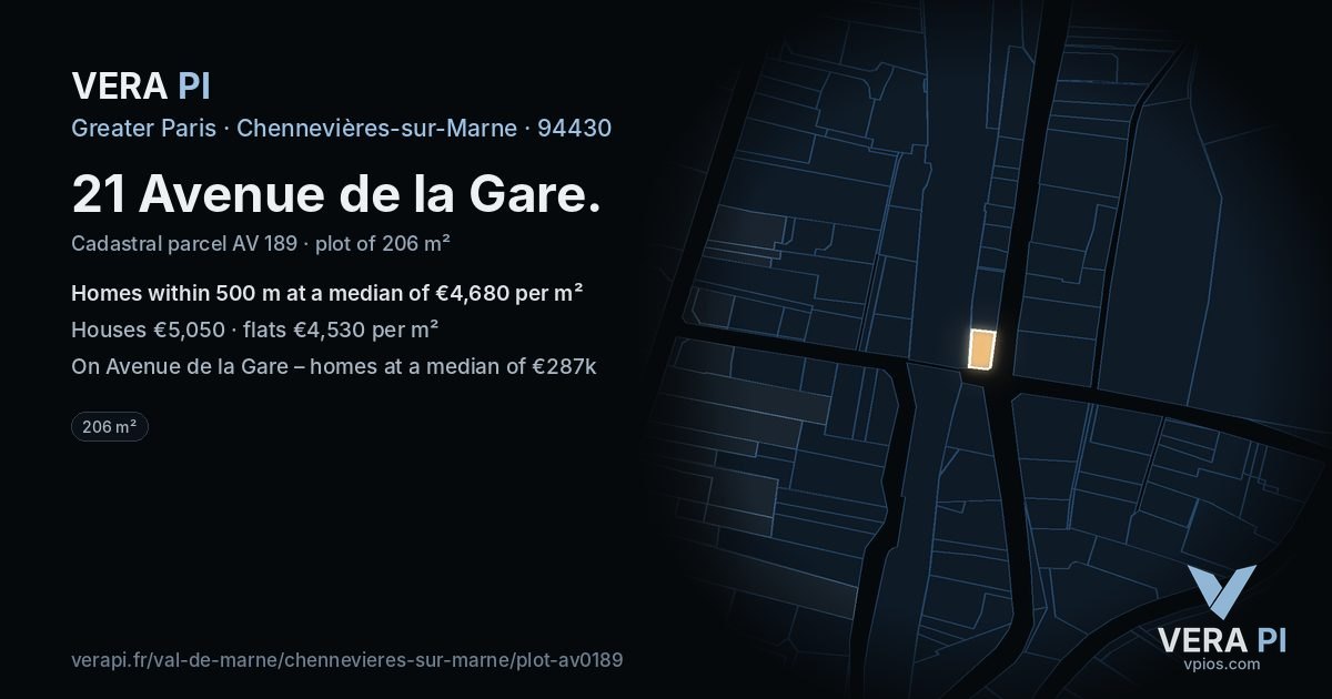 21 Avenue de la Gare, Chennevières-sur-Marne at night – the plot lit, the parcels around coloured by the prices near them