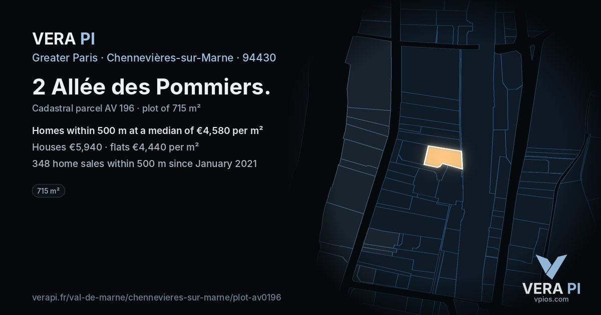 2 Allée des Pommiers, Chennevières-sur-Marne at night – the plot lit, the parcels around coloured by the prices near them