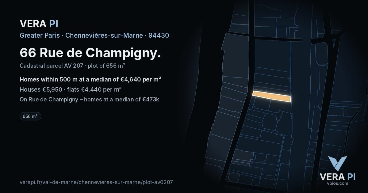 66 Rue de Champigny, Chennevières-sur-Marne at night – the plot lit, the parcels around coloured by the prices near them