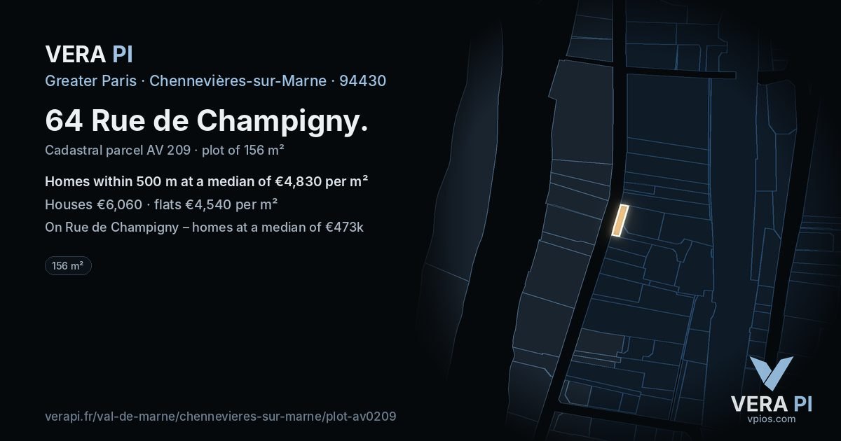 64 Rue de Champigny, Chennevières-sur-Marne at night – the plot lit, the parcels around coloured by the prices near them