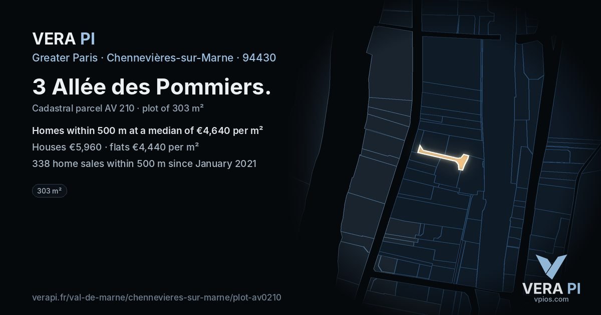 3 Allée des Pommiers, Chennevières-sur-Marne at night – the plot lit, the parcels around coloured by the prices near them