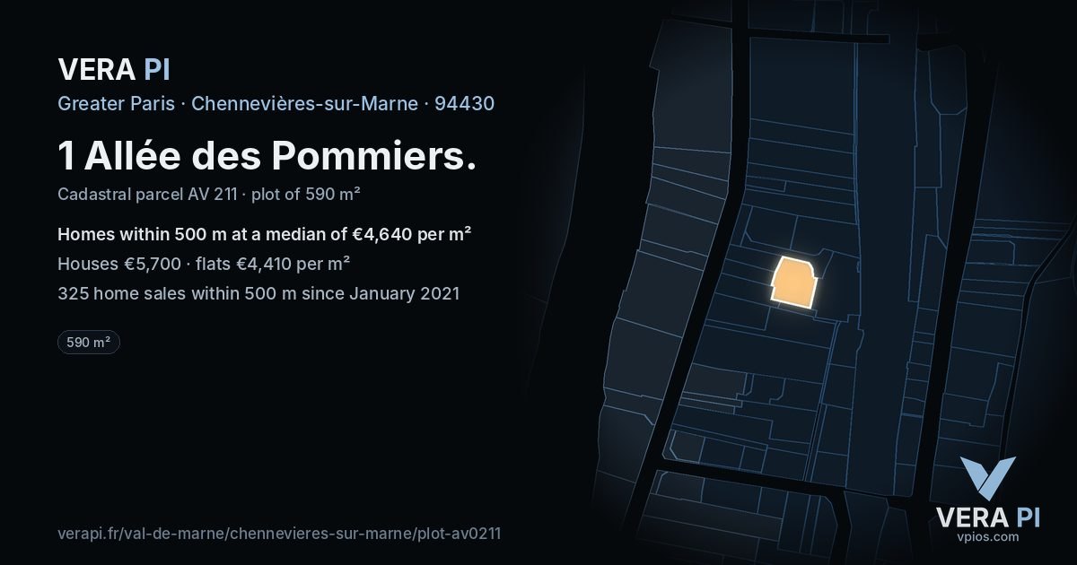 1 Allée des Pommiers, Chennevières-sur-Marne at night – the plot lit, the parcels around coloured by the prices near them