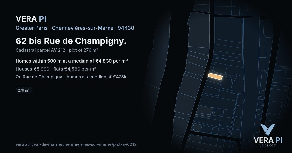 62 bis Rue de Champigny, Chennevières-sur-Marne at night – the plot lit, the parcels around coloured by the prices near them