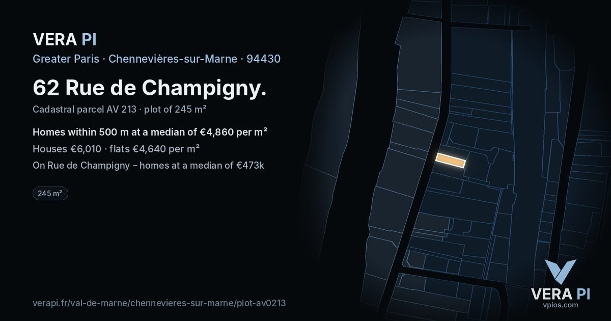 62 Rue de Champigny, Chennevières-sur-Marne at night – the plot lit, the parcels around coloured by the prices near them