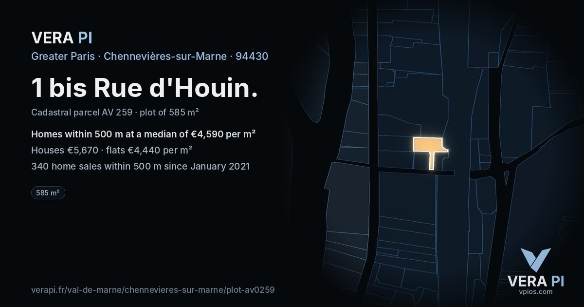 1 bis Rue d'Houin, Chennevières-sur-Marne at night – the plot lit, the parcels around coloured by the prices near them