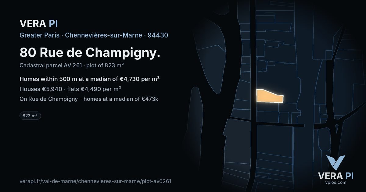 80 Rue de Champigny, Chennevières-sur-Marne at night – the plot lit, the parcels around coloured by the prices near them