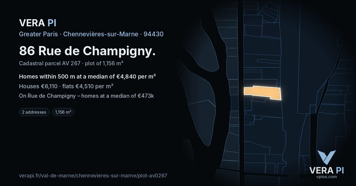 86 Rue de Champigny, Chennevières-sur-Marne at night – the plot lit, the parcels around coloured by the prices near them