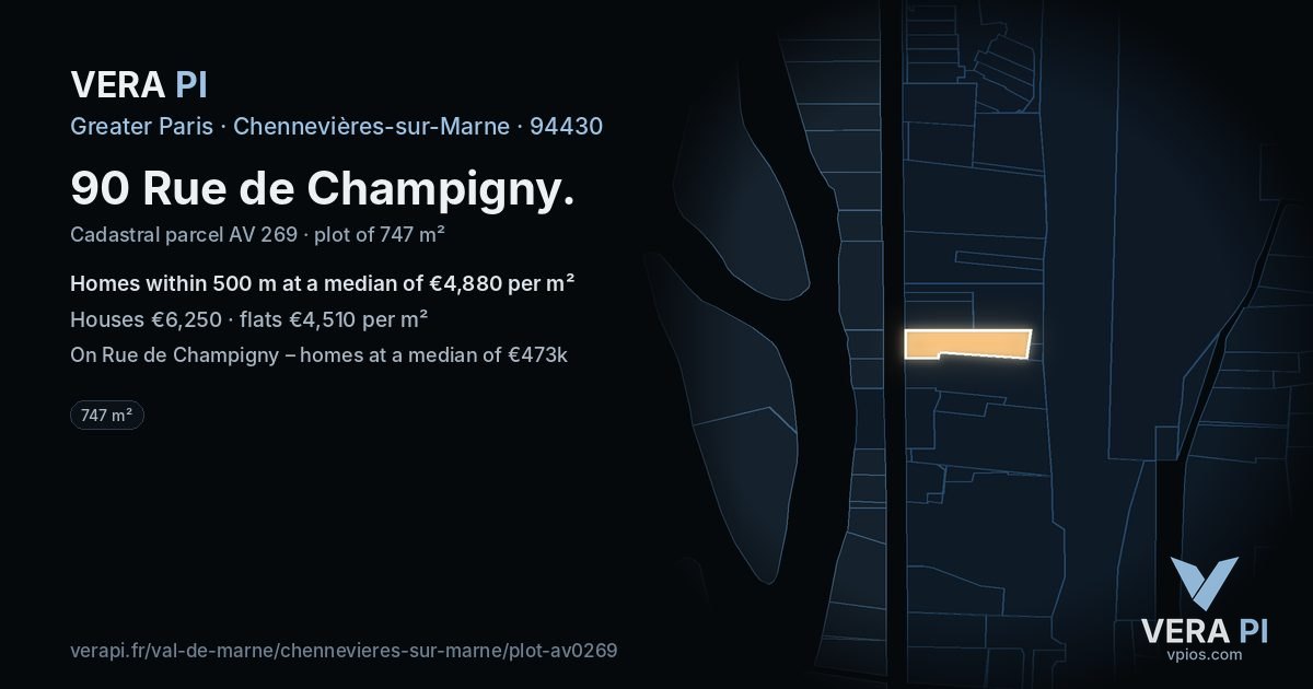 90 Rue de Champigny, Chennevières-sur-Marne at night – the plot lit, the parcels around coloured by the prices near them