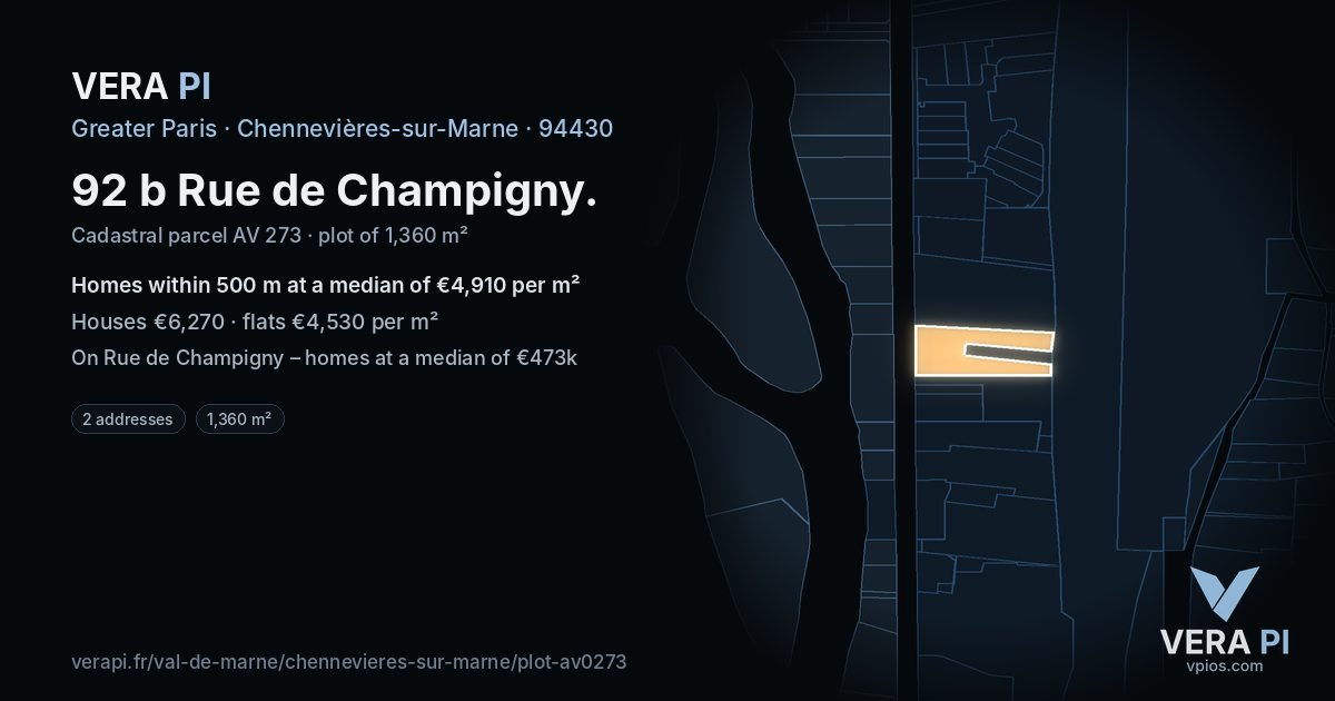92 b Rue de Champigny, Chennevières-sur-Marne at night – the plot lit, the parcels around coloured by the prices near them