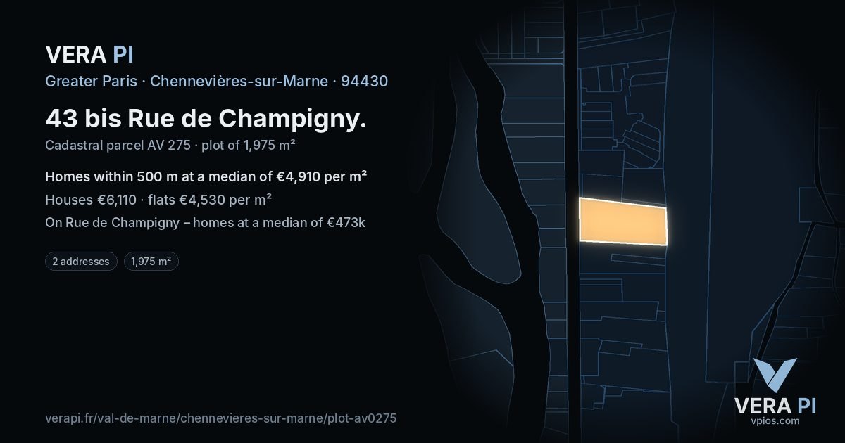43 bis Rue de Champigny, Chennevières-sur-Marne at night – the plot lit, the parcels around coloured by the prices near them